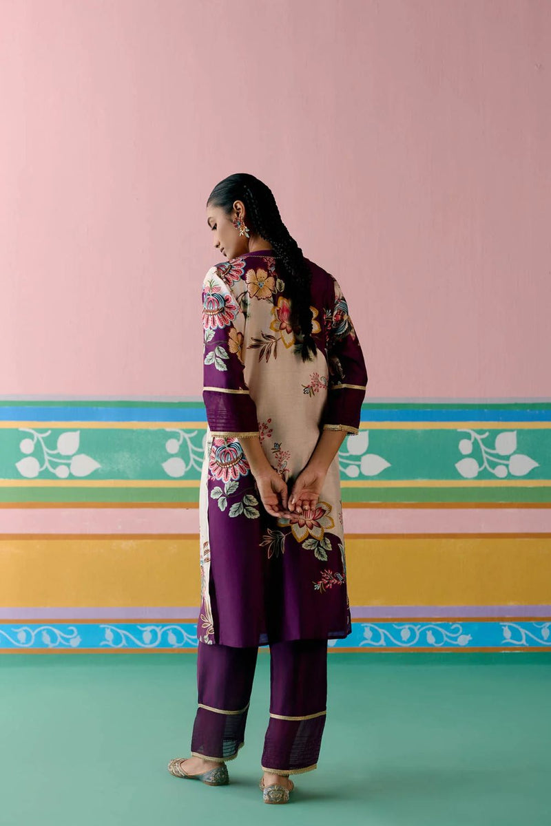 Purple Floral V-neck Kurta Set chanderi Buy Purple Floral V-neck Kurta Set from C&W | Light Kurta Sets for Women by Label Mogra in purple color for women in Singapore