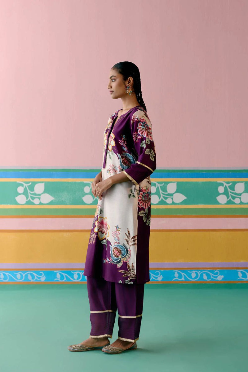 Purple Floral V-neck Kurta Set chanderi Buy Purple Floral V-neck Kurta Set from C&W | Light Kurta Sets for Women by Label Mogra in purple color for women in Singapore