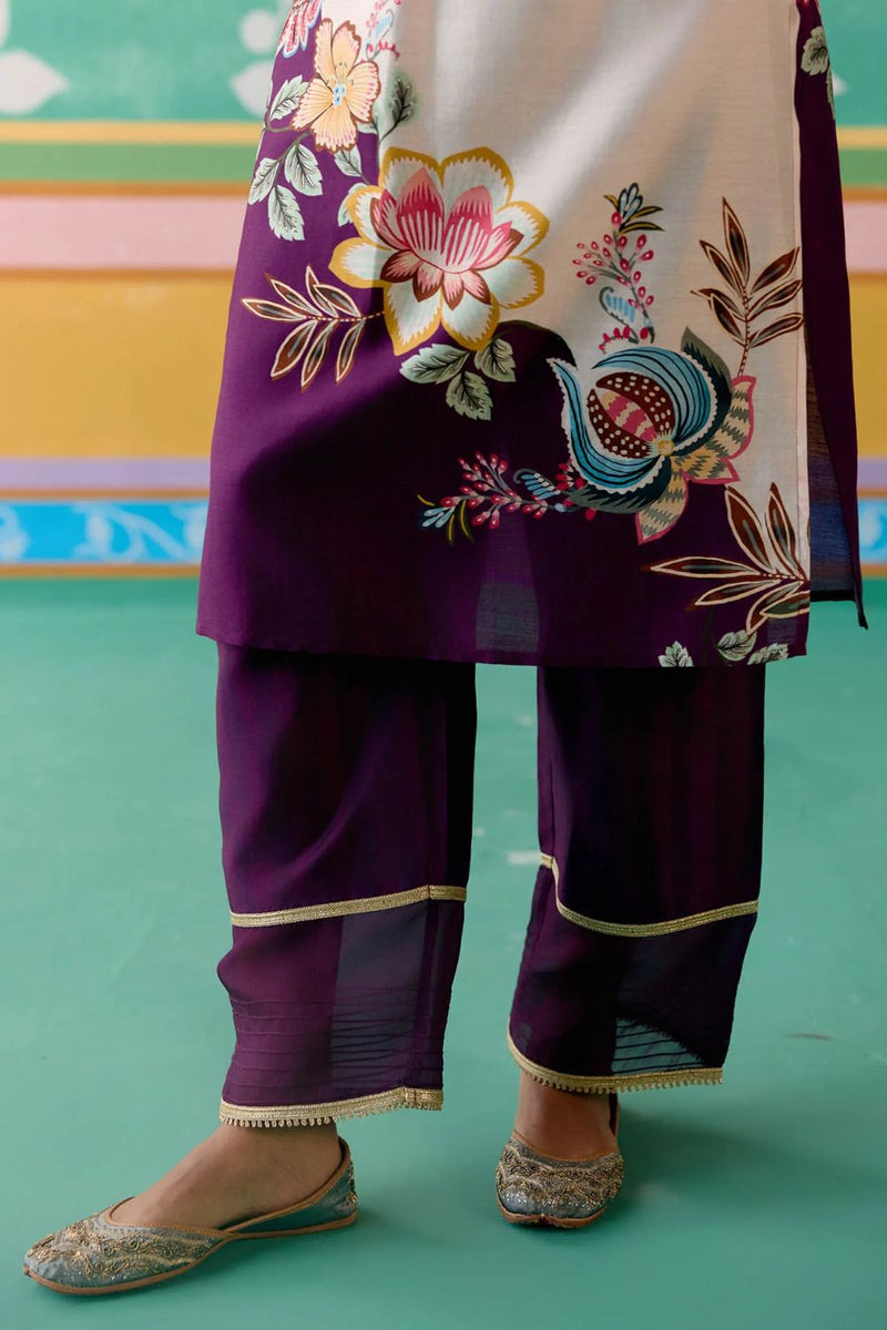 Purple Floral V-neck Kurta Set chanderi Buy Purple Floral V-neck Kurta Set from C&W | Light Kurta Sets for Women by Label Mogra in purple color for women in Singapore