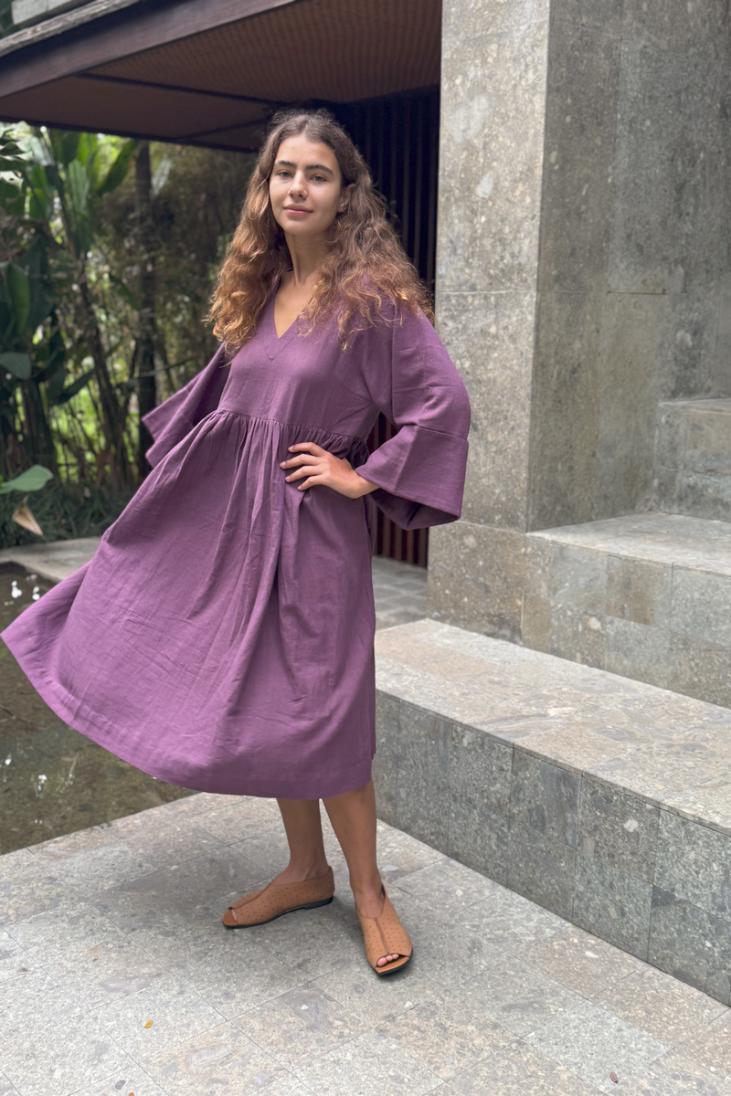 Purple Gathered Dress cotton by World of Crow in purple color for women in Singapore