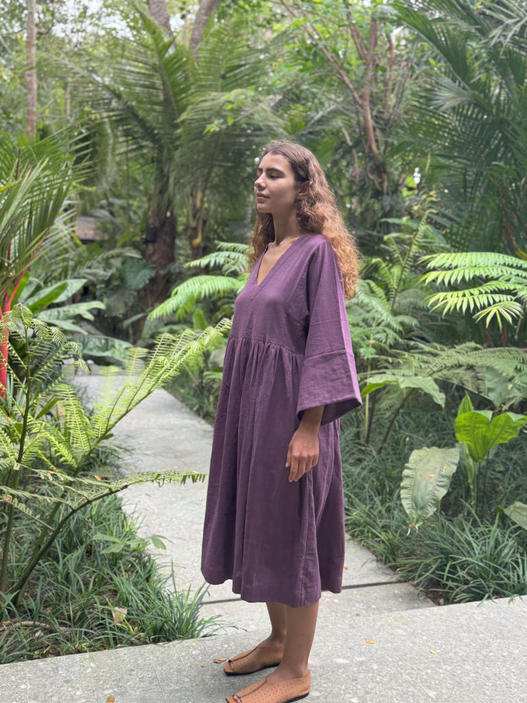 Purple Gathered Dress cotton by World of Crow in purple color for women in Singapore