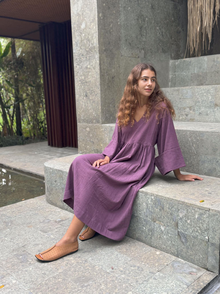 Purple Gathered Dress cotton by World of Crow in purple color for women in Singapore