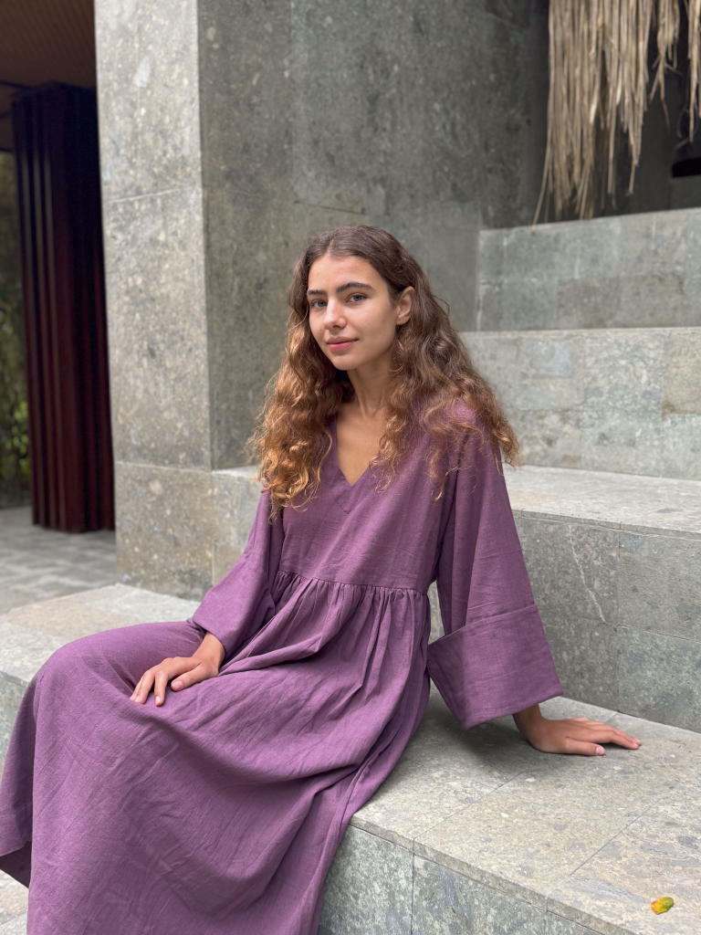 Purple Gathered Dress cotton by World of Crow in purple color for women in Singapore