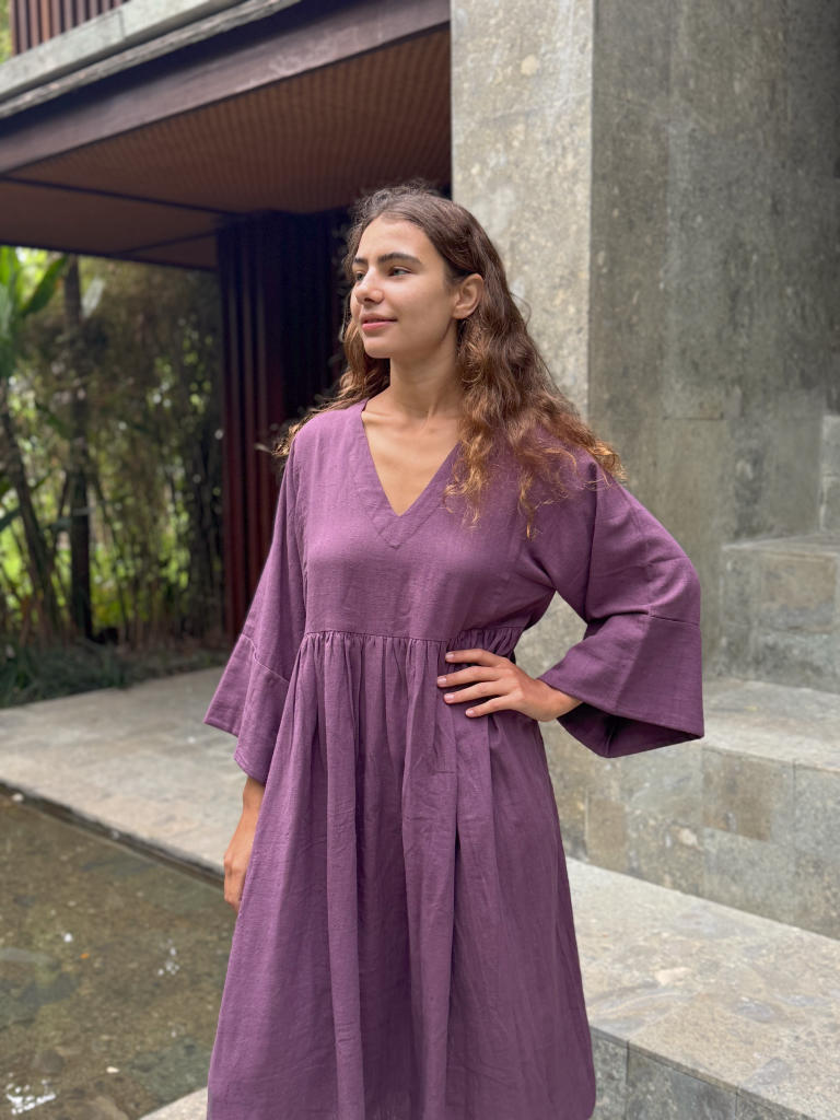 Purple Gathered Dress cotton by World of Crow in purple color for women in Singapore