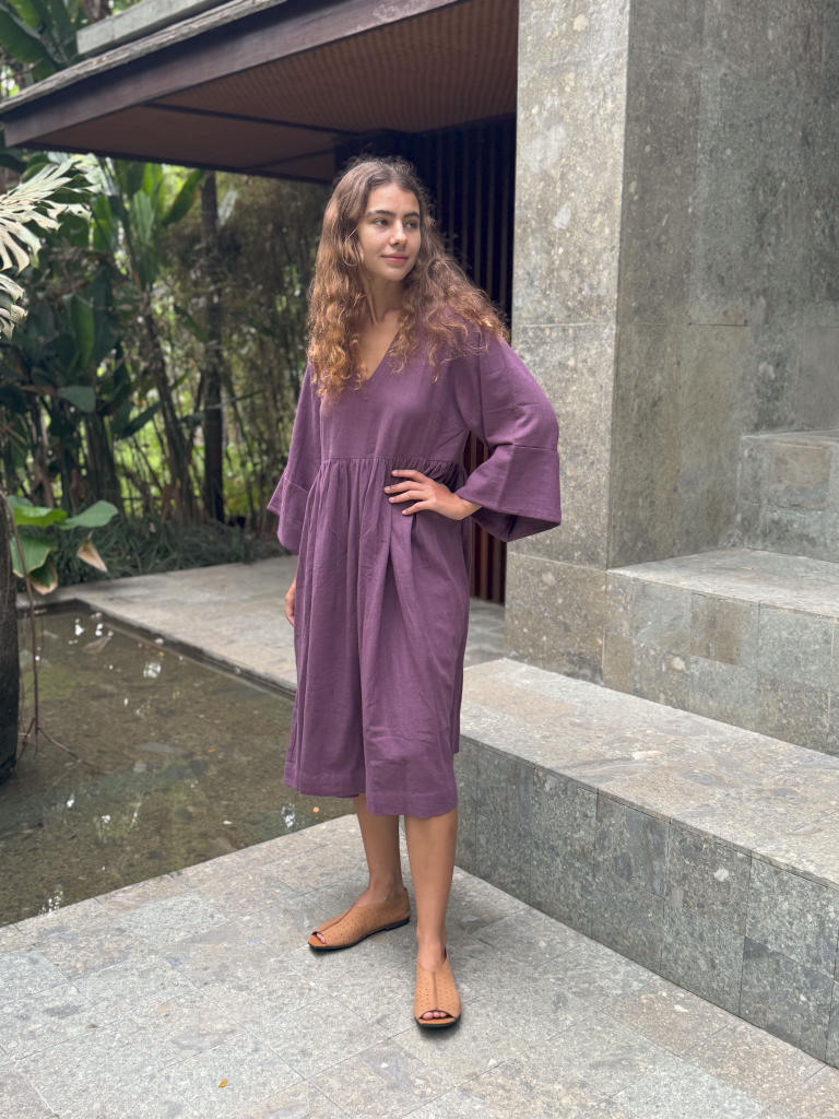 Purple Gathered Dress cotton by World of Crow in purple color for women in Singapore