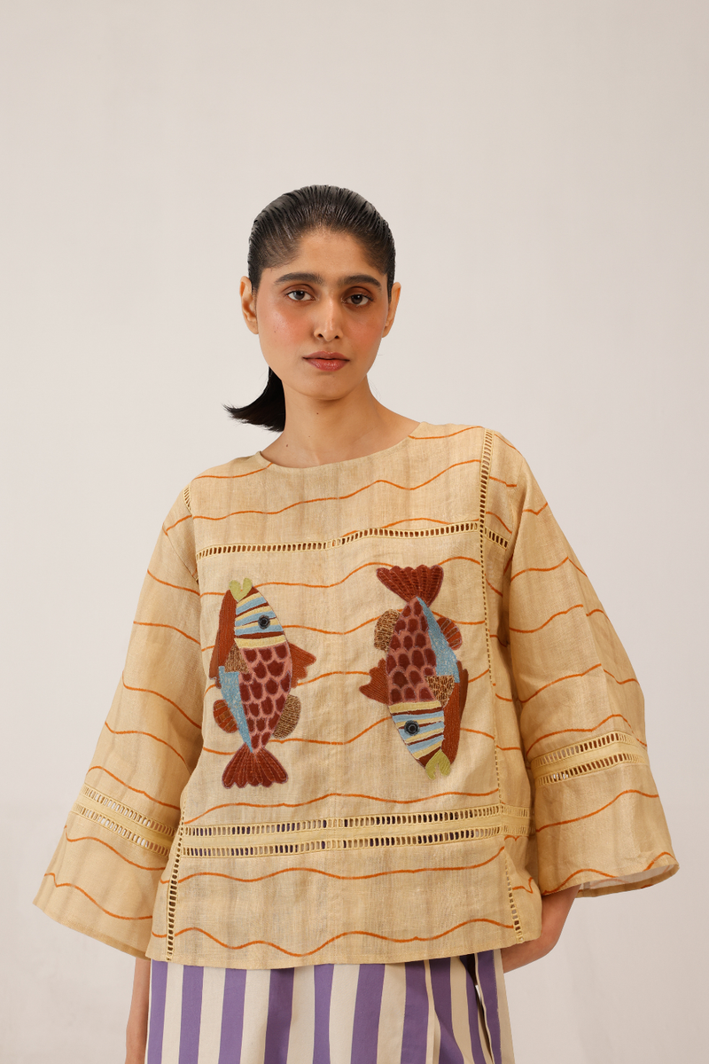 QUAD TOP - FISH APPL all linen by CORD for women in Singapore