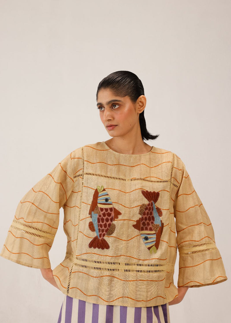 QUAD TOP - FISH APPL all linen by CORD for women in Singapore