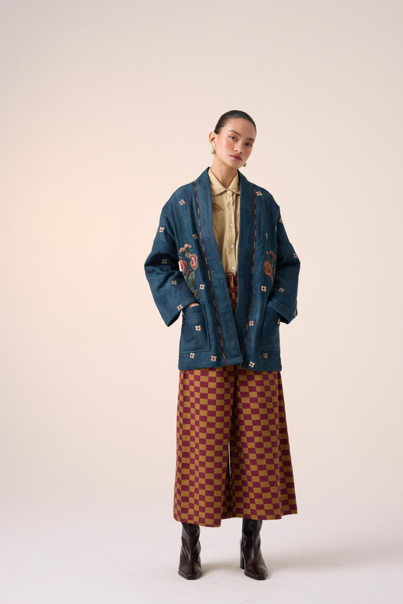 QUILTED FRONT OPEN JACKET SET-DARK BLUE FLOWER APPLIQUE linen by CORD for women in Singapore