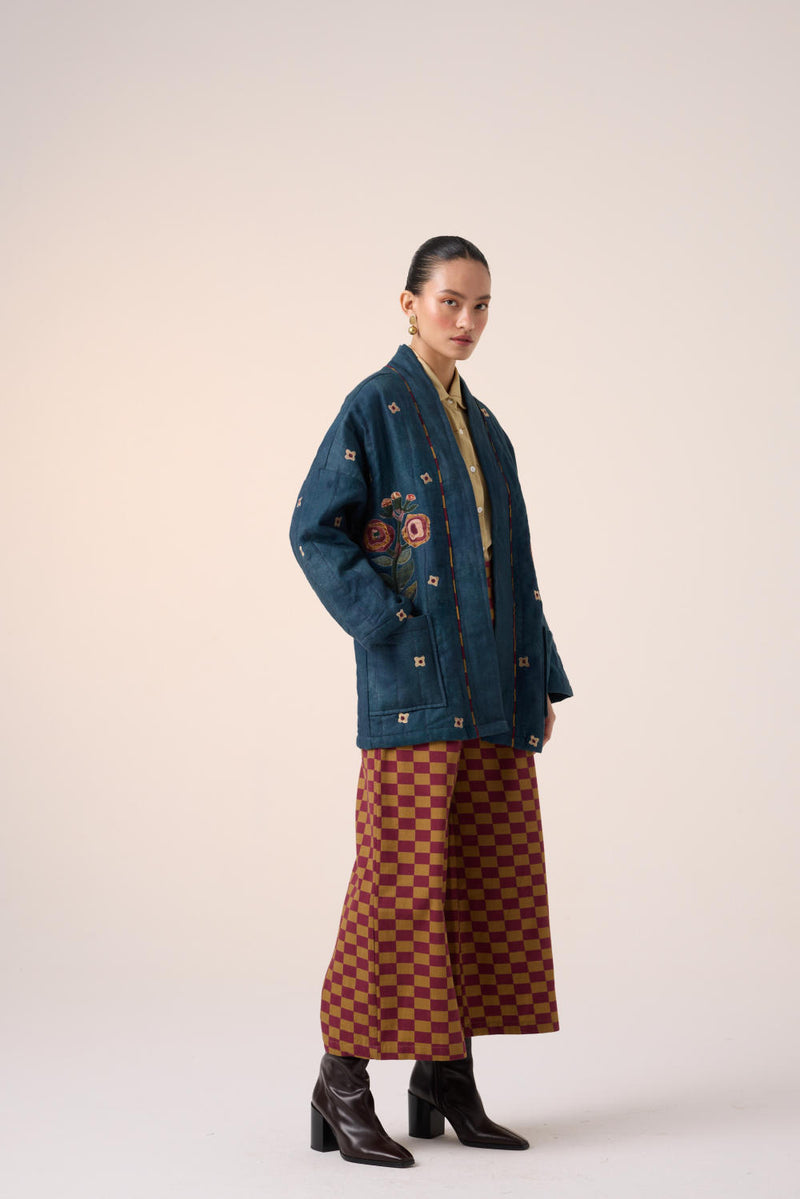 QUILTED FRONT OPEN JACKET-DARK BLUE FLOWER APPLIQUE linen by CORD for women in Singapore
