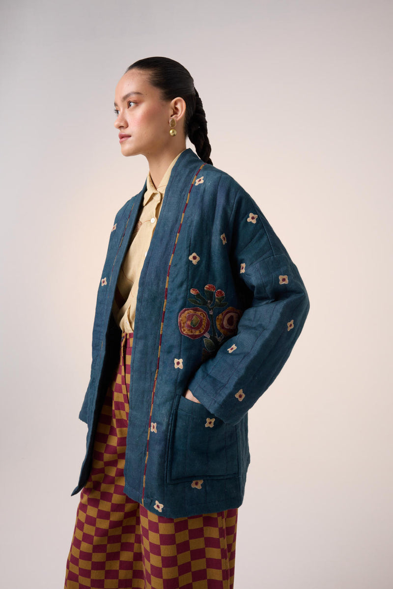QUILTED FRONT OPEN JACKET-DARK BLUE FLOWER APPLIQUE linen by CORD for women in Singapore