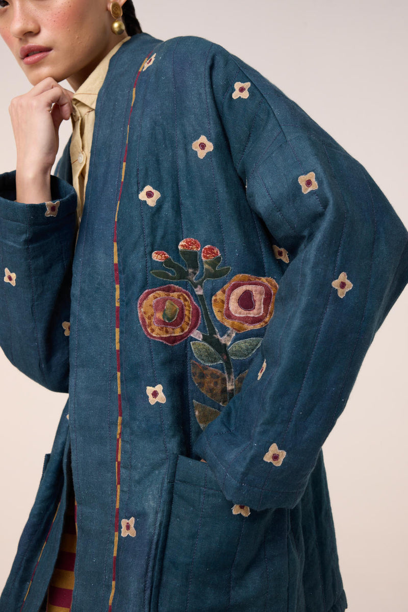 QUILTED FRONT OPEN JACKET-DARK BLUE FLOWER APPLIQUE linen by CORD for women in Singapore