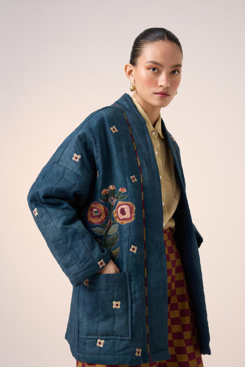 QUILTED FRONT OPEN JACKET SET-DARK BLUE FLOWER APPLIQUE linen by CORD for women in Singapore