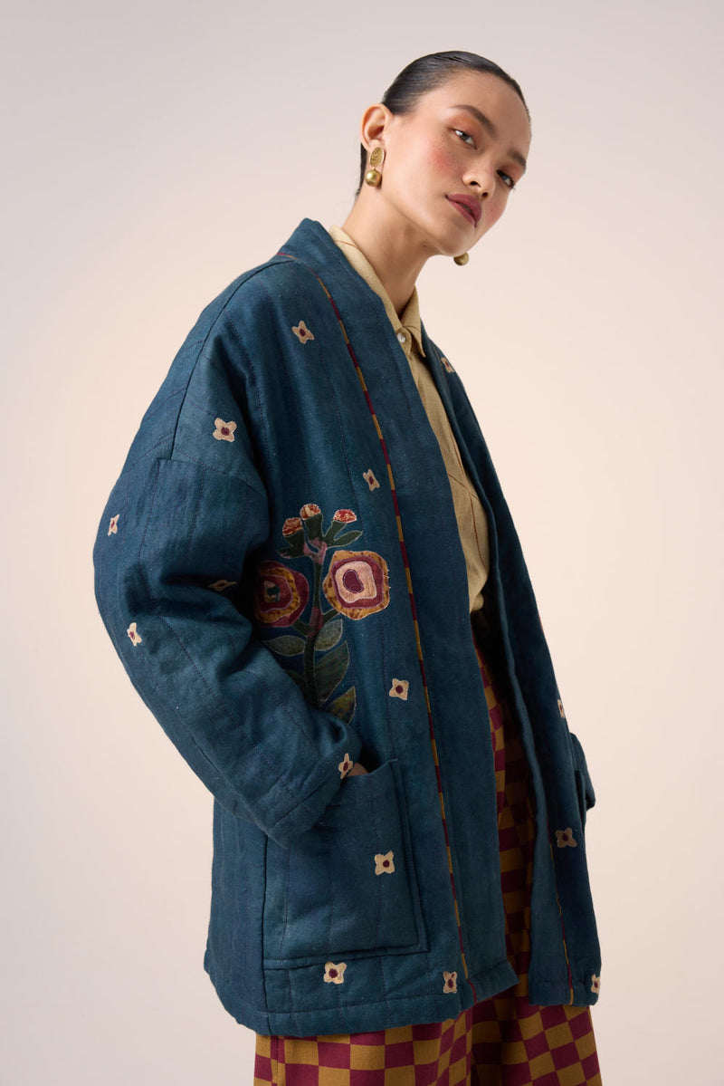 QUILTED FRONT OPEN JACKET-DARK BLUE FLOWER APPLIQUE linen by CORD for women in Singapore