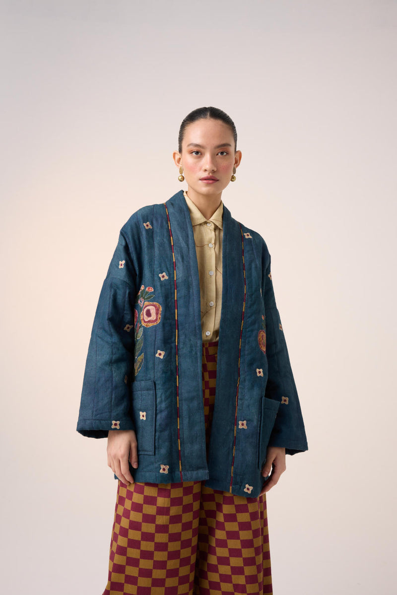 QUILTED FRONT OPEN JACKET-DARK BLUE FLOWER APPLIQUE linen by CORD for women in Singapore