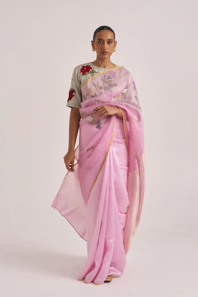 Ravya Sari-Pink handwoven mulberry silk and organza silk by Suparna Som in pink for women in Singapore