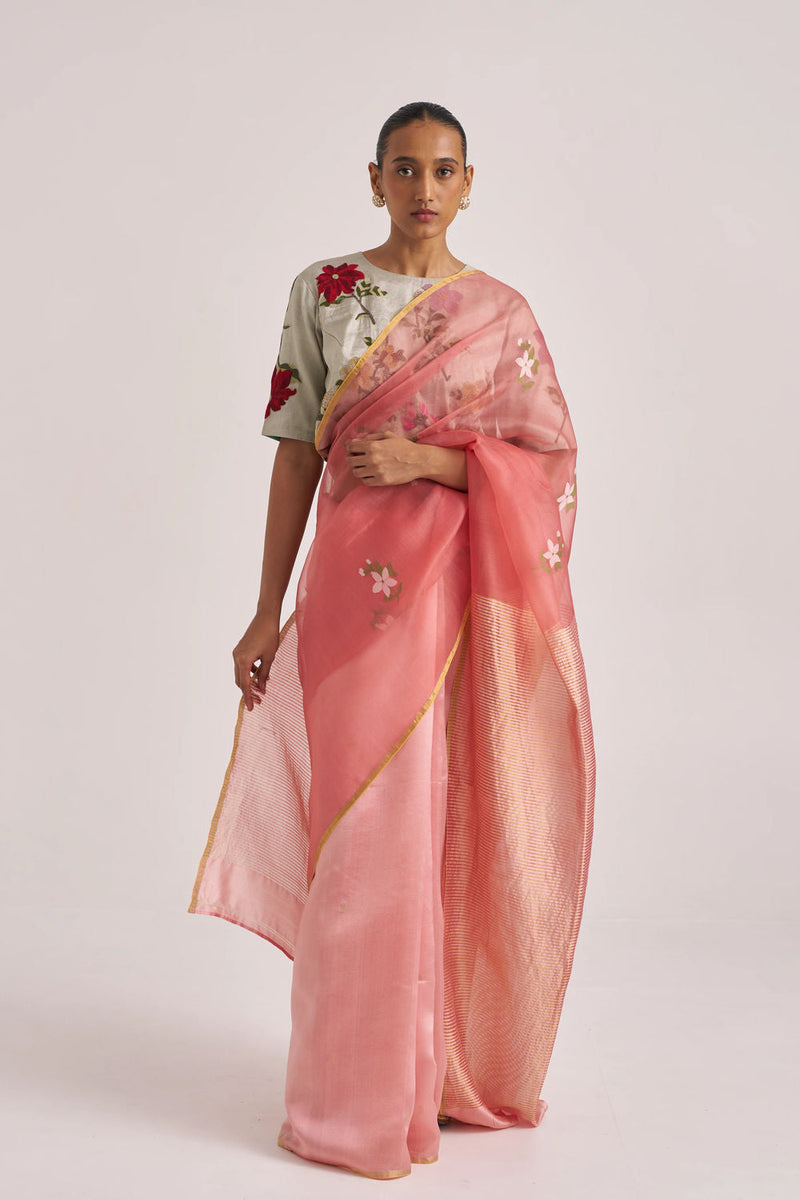 Ravya Sari-Rust handwoven mulberry silk and organza silk by Suparna Som in rust for women in Singapore