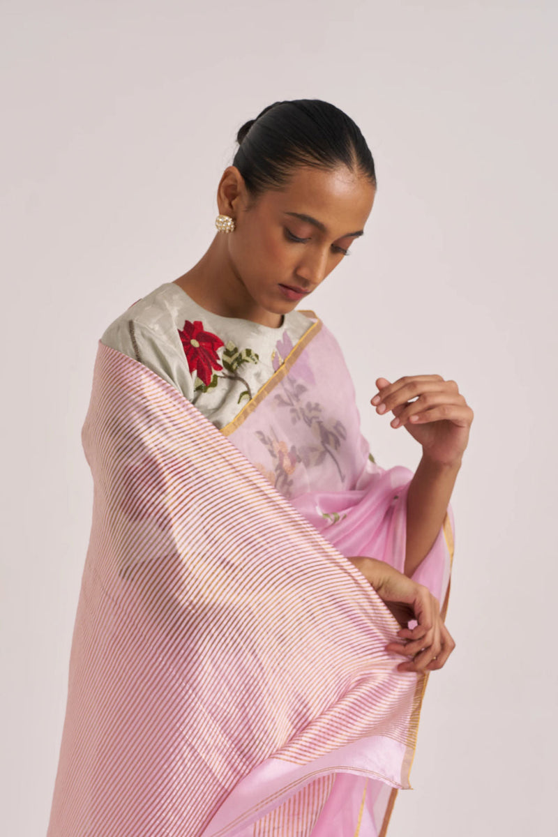 Ravya Sari-Pink handwoven mulberry silk and organza silk by Suparna Som in pink for women in Singapore