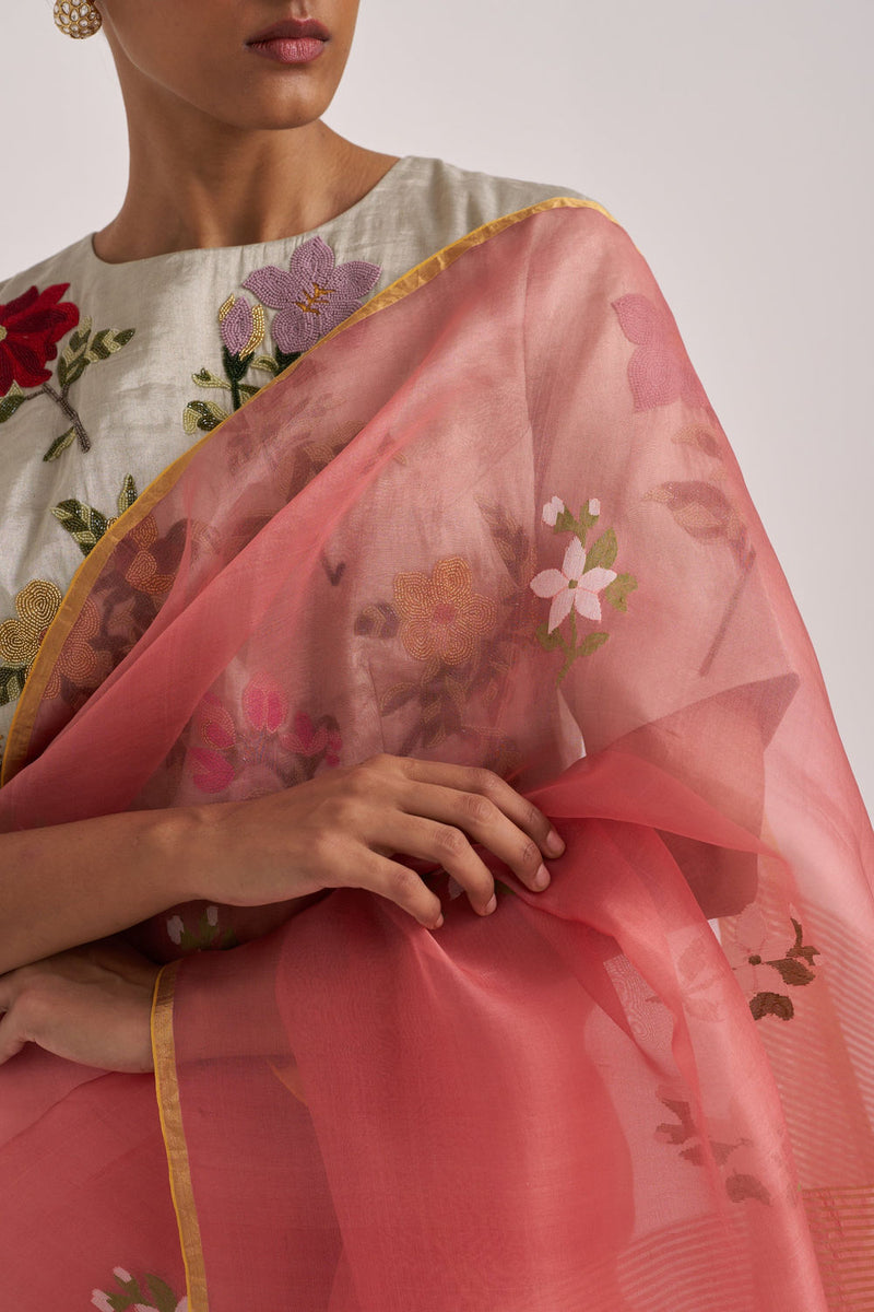 Ravya Sari-Rust handwoven mulberry silk and organza silk by Suparna Som in rust for women in Singapore