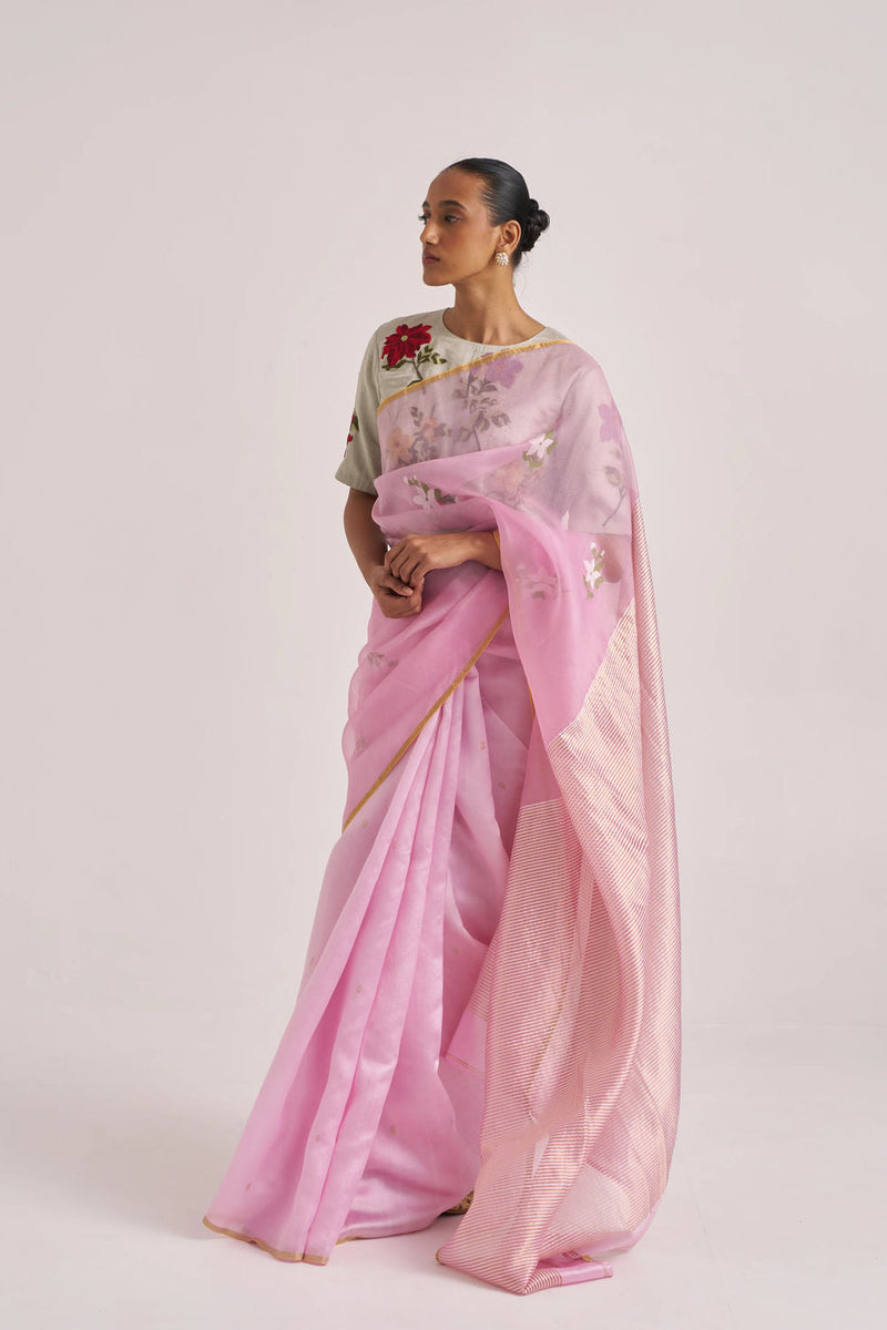 Ravya Sari-Pink handwoven mulberry silk and organza silk by Suparna Som in pink for women in Singapore