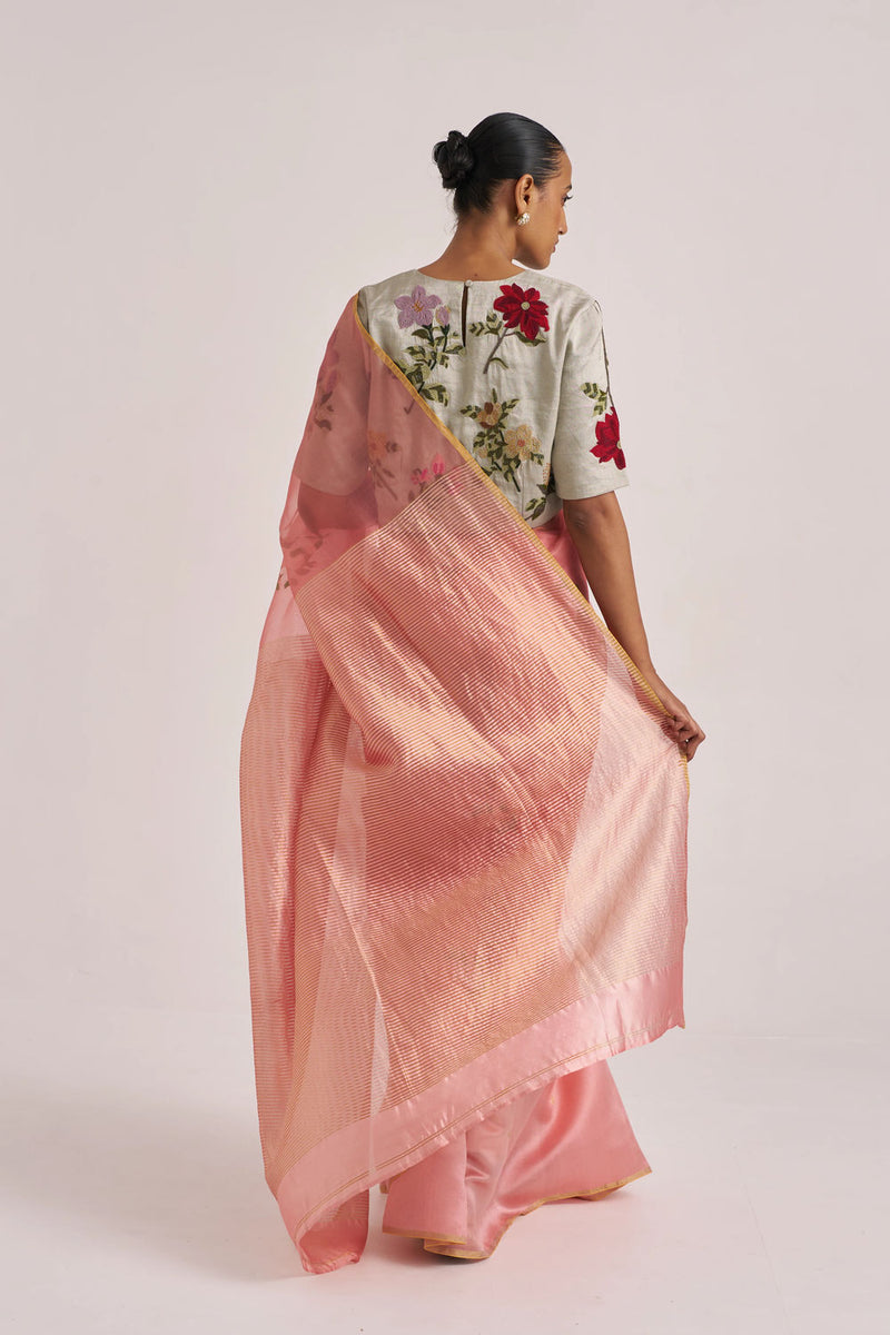 Ravya Sari-Rust handwoven mulberry silk and organza silk by Suparna Som in rust for women in Singapore