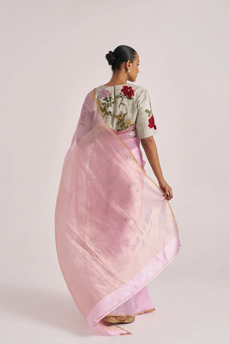Ravya Sari-Pink handwoven mulberry silk and organza silk by Suparna Som in pink for women in Singapore