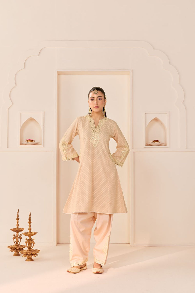 REEM - CARNATION PINK SHORT CHOGA WITH DOGRI SALWAR chanderi silk kurta/kurta set by SHEETAL BATRA in carnation pink with daisy ivory for women in Singapore