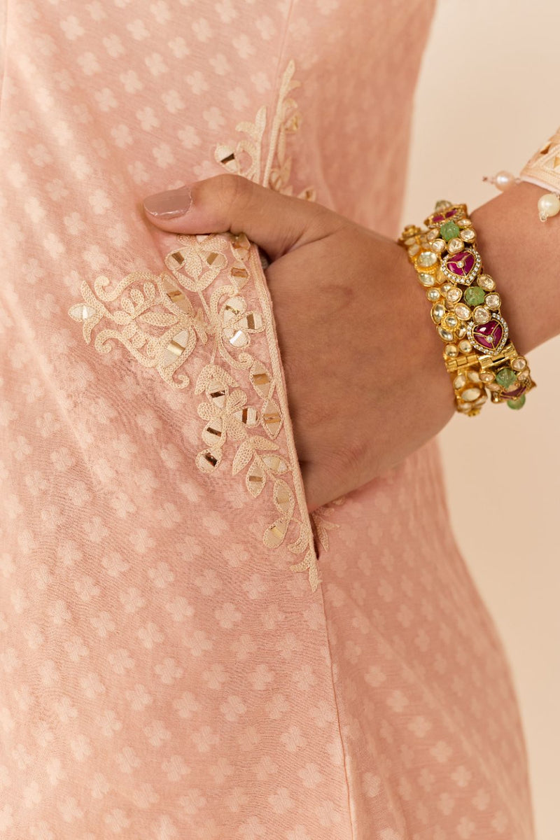 REEM - CARNATION PINK SHORT CHOGA WITH DOGRI SALWAR chanderi silk kurta/kurta set by SHEETAL BATRA in carnation pink with daisy ivory for women in Singapore