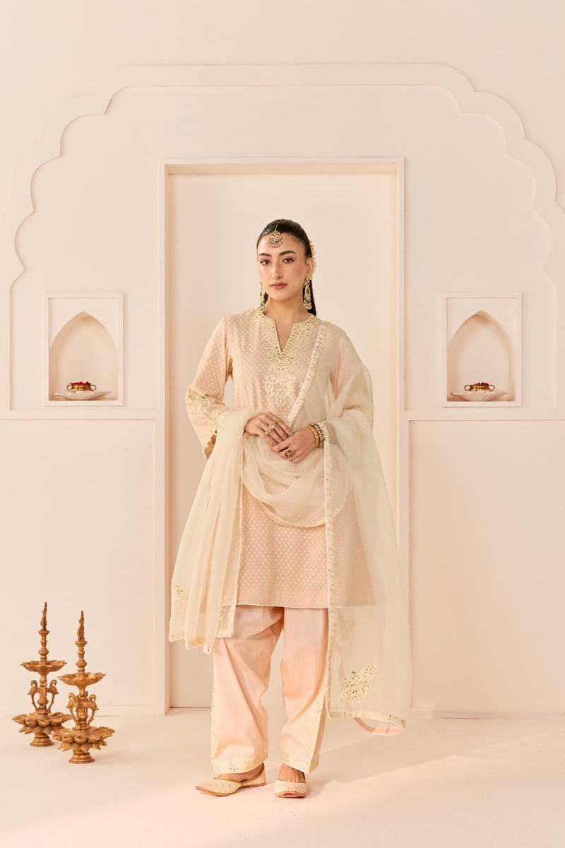 REEM - CARNATION PINK SHORT CHOGA WITH DOGRI SALWAR chanderi silk kurta/kurta set by SHEETAL BATRA in carnation pink with daisy ivory for women in Singapore