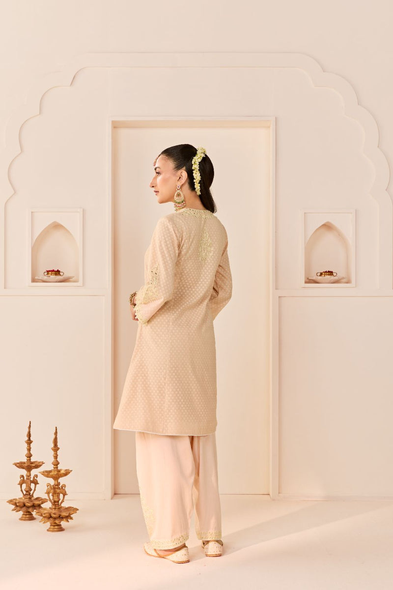 REEM - CARNATION PINK SHORT CHOGA WITH DOGRI SALWAR chanderi silk kurta/kurta set by SHEETAL BATRA in carnation pink with daisy ivory for women in Singapore