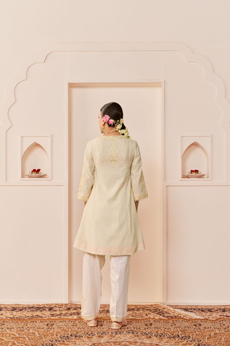 REEM - DAISY IVORY SHORT CHOGA WITH DOGRI SALWAR chanderi silk kurta/kurta set by SHEETAL BATRA in daisy iovry with carnation pink for women in Singapore