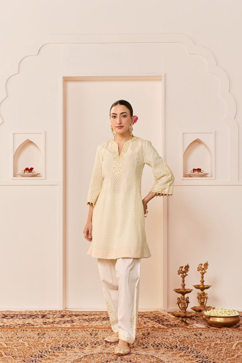REEM - DAISY IVORY SHORT CHOGA WITH DOGRI SALWAR chanderi silk kurta/kurta set by SHEETAL BATRA in daisy iovry with carnation pink for women in Singapore