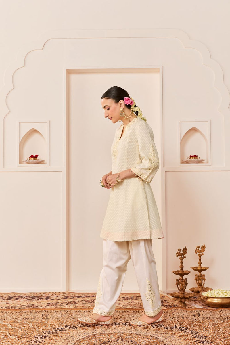 REEM - DAISY IVORY SHORT CHOGA WITH DOGRI SALWAR chanderi silk kurta/kurta set by SHEETAL BATRA in daisy iovry with carnation pink for women in Singapore
