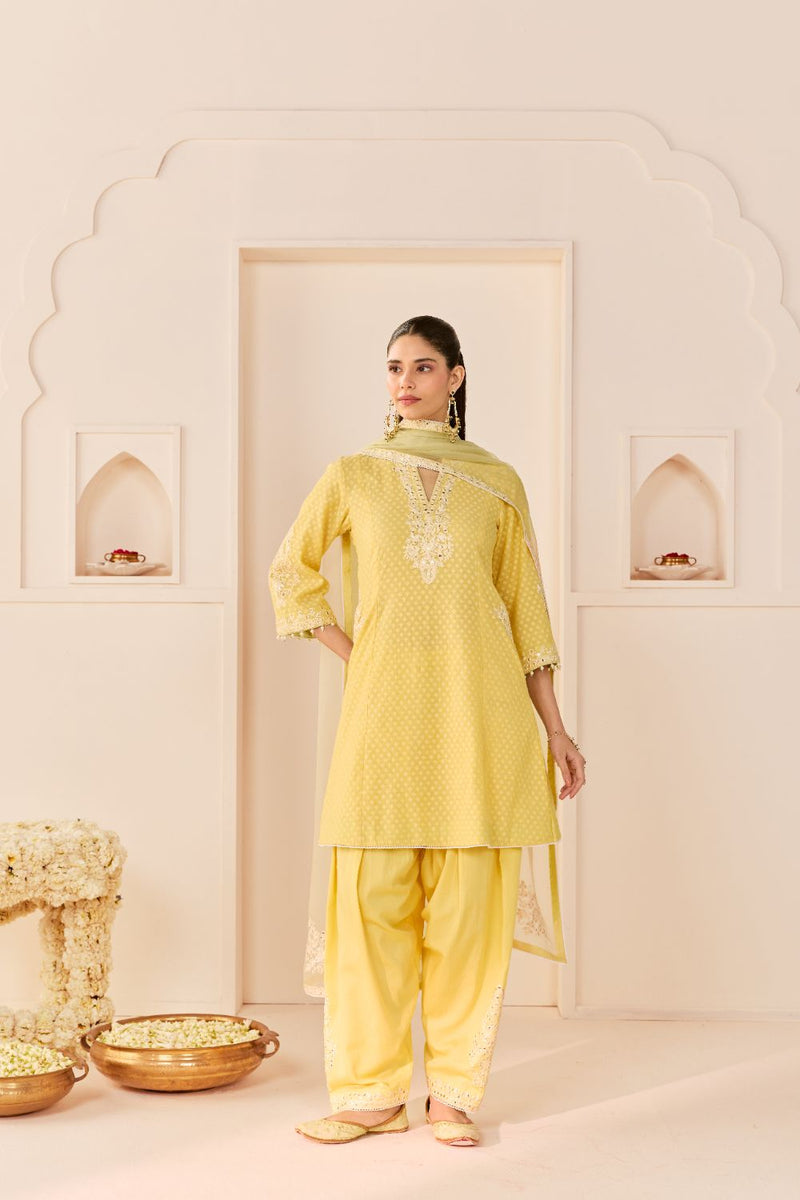 REEM - LEMON YELLOW SHORT CHOGA WITH DOGRI SALWAR chanderi silk kurta/kurta set by SHEETAL BATRA in lemon yellow with mint green for women in Singapore