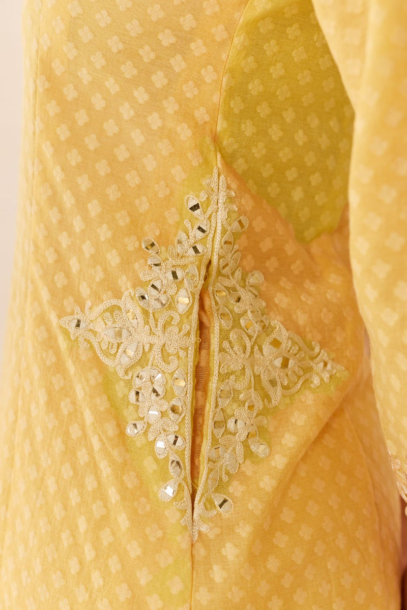 REEM - LEMON YELLOW SHORT CHOGA WITH DOGRI SALWAR chanderi silk kurta/kurta set by SHEETAL BATRA in lemon yellow with mint green for women in Singapore