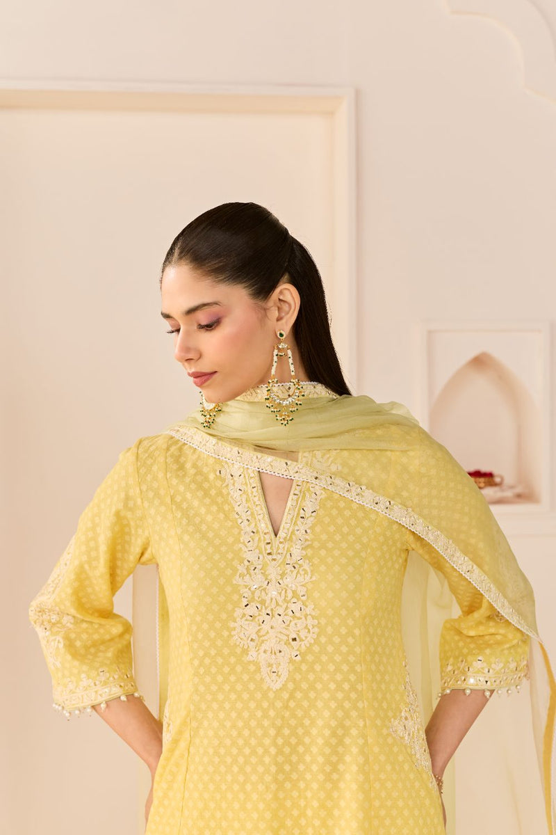REEM - LEMON YELLOW SHORT CHOGA WITH DOGRI SALWAR chanderi silk kurta/kurta set by SHEETAL BATRA in lemon yellow with mint green for women in Singapore