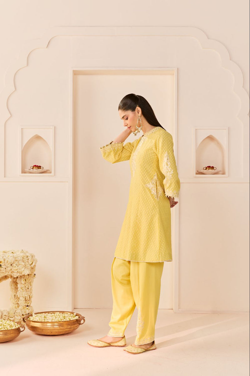 REEM - LEMON YELLOW SHORT CHOGA WITH DOGRI SALWAR chanderi silk kurta/kurta set by SHEETAL BATRA in lemon yellow with mint green for women in Singapore