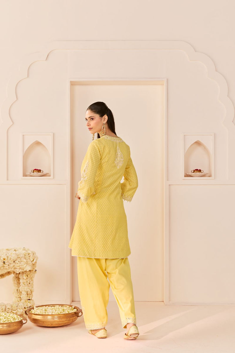 REEM - LEMON YELLOW SHORT CHOGA WITH DOGRI SALWAR chanderi silk kurta/kurta set by SHEETAL BATRA in lemon yellow with mint green for women in Singapore