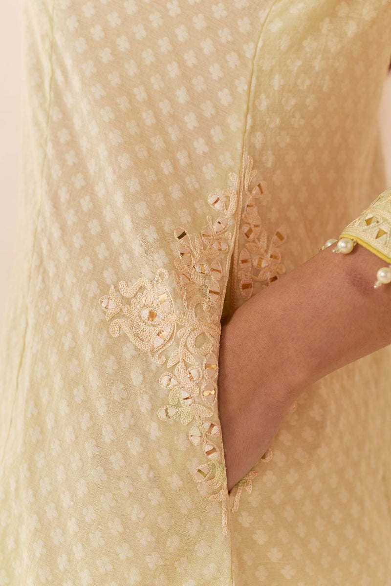 REEM - MINT GREEN SHORT CHOGA WITH DOGRI SALWAR chanderi silk kurta/kurta set by SHEETAL BATRA in mint green with lemon yellow for women in Singapore