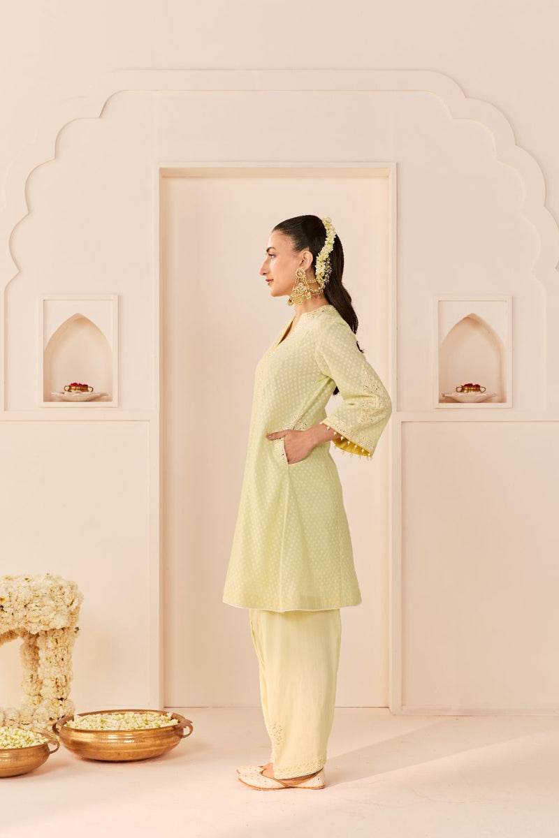 REEM - MINT GREEN SHORT CHOGA WITH DOGRI SALWAR chanderi silk kurta/kurta set by SHEETAL BATRA in mint green with lemon yellow for women in Singapore