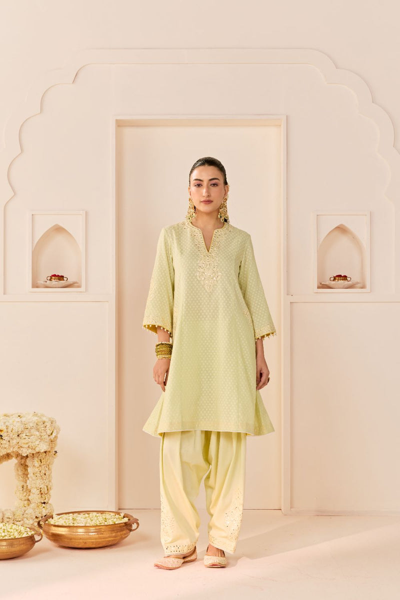REEM - MINT GREEN SHORT CHOGA WITH DOGRI SALWAR chanderi silk kurta/kurta set by SHEETAL BATRA in mint green with lemon yellow for women in Singapore
