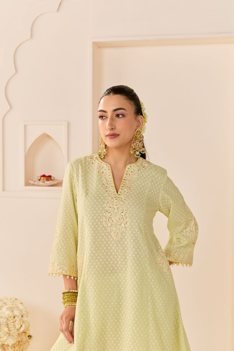 REEM - MINT GREEN SHORT CHOGA WITH DOGRI SALWAR chanderi silk kurta/kurta set by SHEETAL BATRA in mint green with lemon yellow for women in Singapore