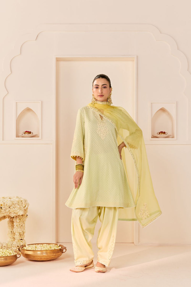REEM - MINT GREEN SHORT CHOGA WITH DOGRI SALWAR chanderi silk kurta/kurta set by SHEETAL BATRA in mint green with lemon yellow for women in Singapore