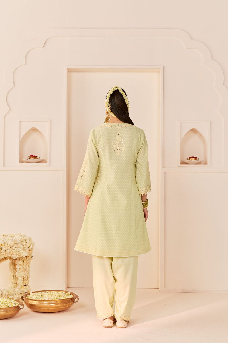 REEM - MINT GREEN SHORT CHOGA WITH DOGRI SALWAR chanderi silk kurta/kurta set by SHEETAL BATRA in mint green with lemon yellow for women in Singapore