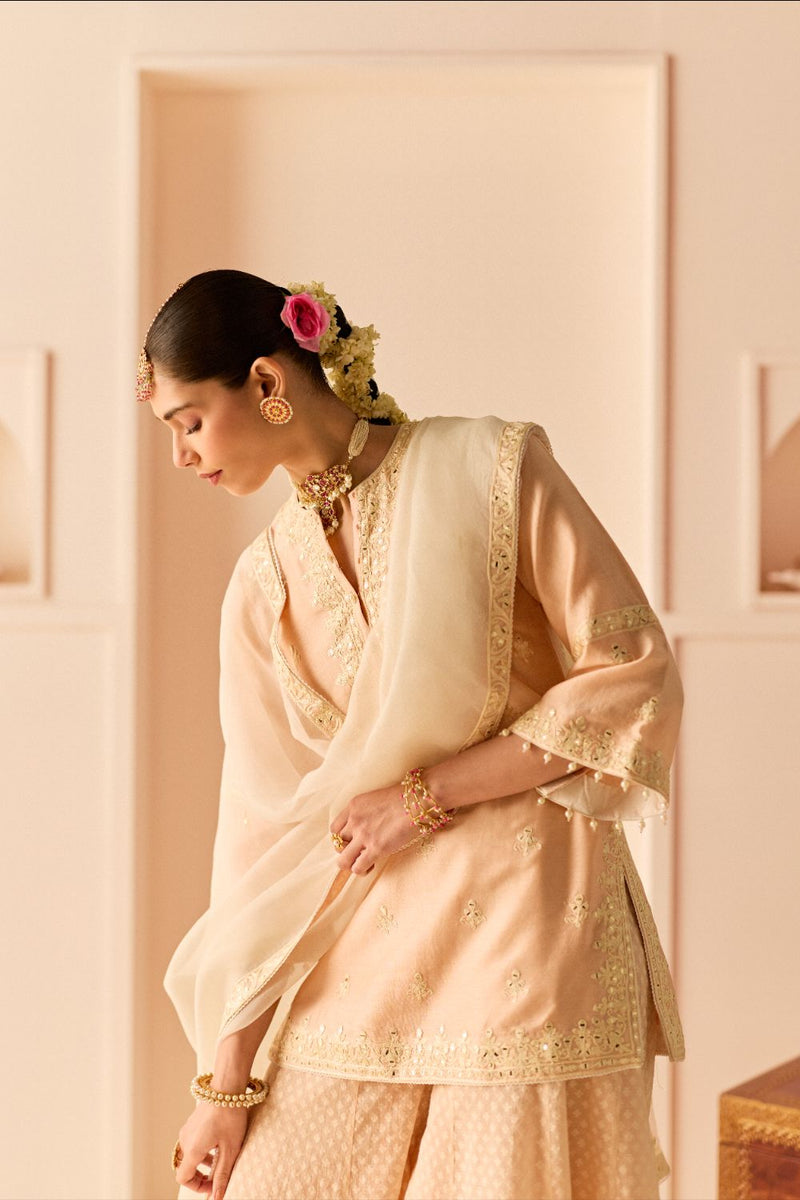 REHMA - CARNATION PINK SHORT KURTA WITH SHARARA AND DUPATTA chanderi silk kurta/kurta set by SHEETAL BATRA in carnation pink with daisy ivory for women in Singapore