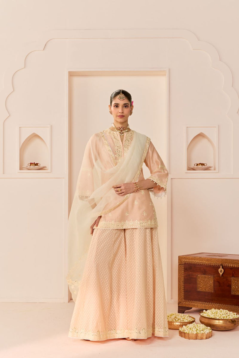 YASNEEN - CARNATION PINK SHORT KURTA WITH GARARA AND DUPATTA chanderi silk kurta/kurta set by SHEETAL BATRA in carnation pink with daisy ivory for women in Singapore