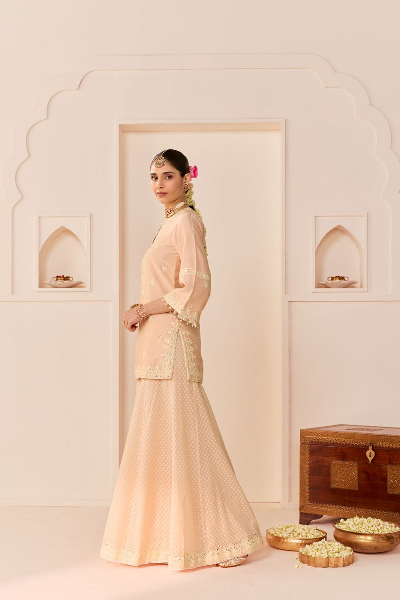 YASNEEN - CARNATION PINK SHORT KURTA WITH GARARA AND DUPATTA chanderi silk kurta/kurta set by SHEETAL BATRA in carnation pink with daisy ivory for women in Singapore