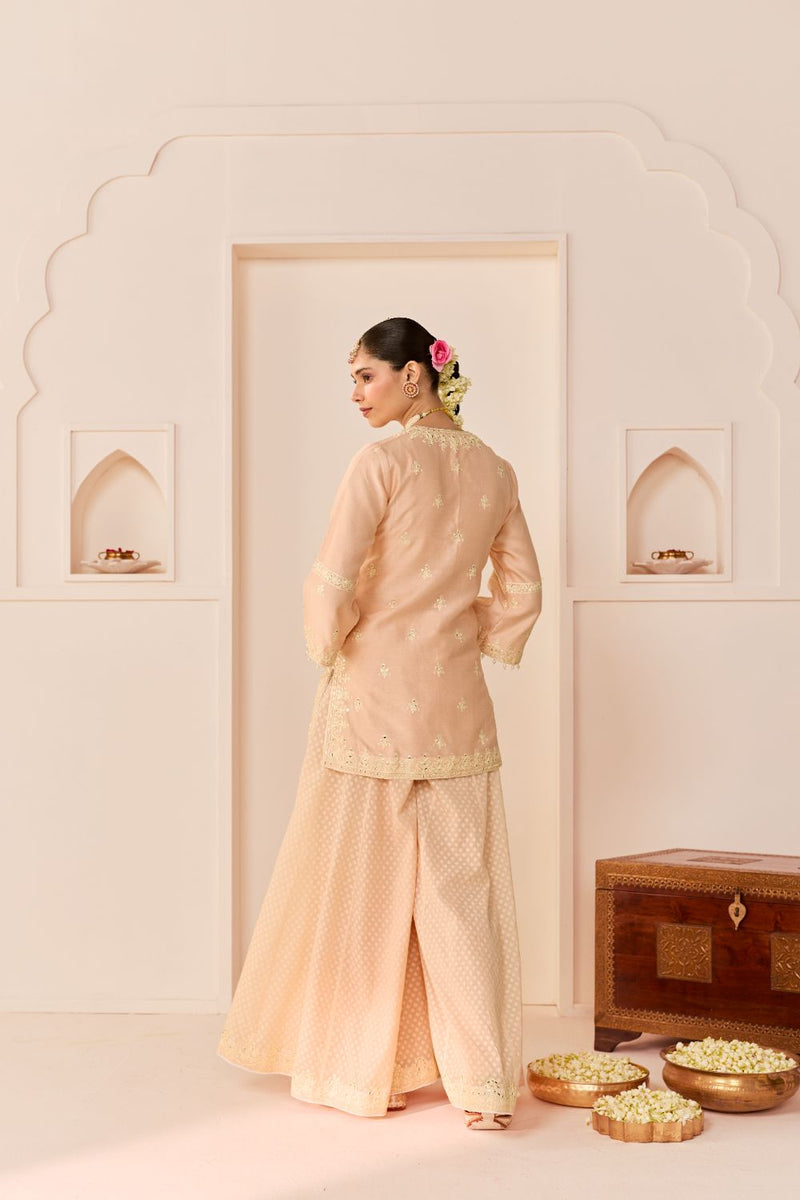 REHMA - CARNATION PINK SHORT KURTA WITH SHARARA AND DUPATTA chanderi silk kurta/kurta set by SHEETAL BATRA in carnation pink with daisy ivory for women in Singapore