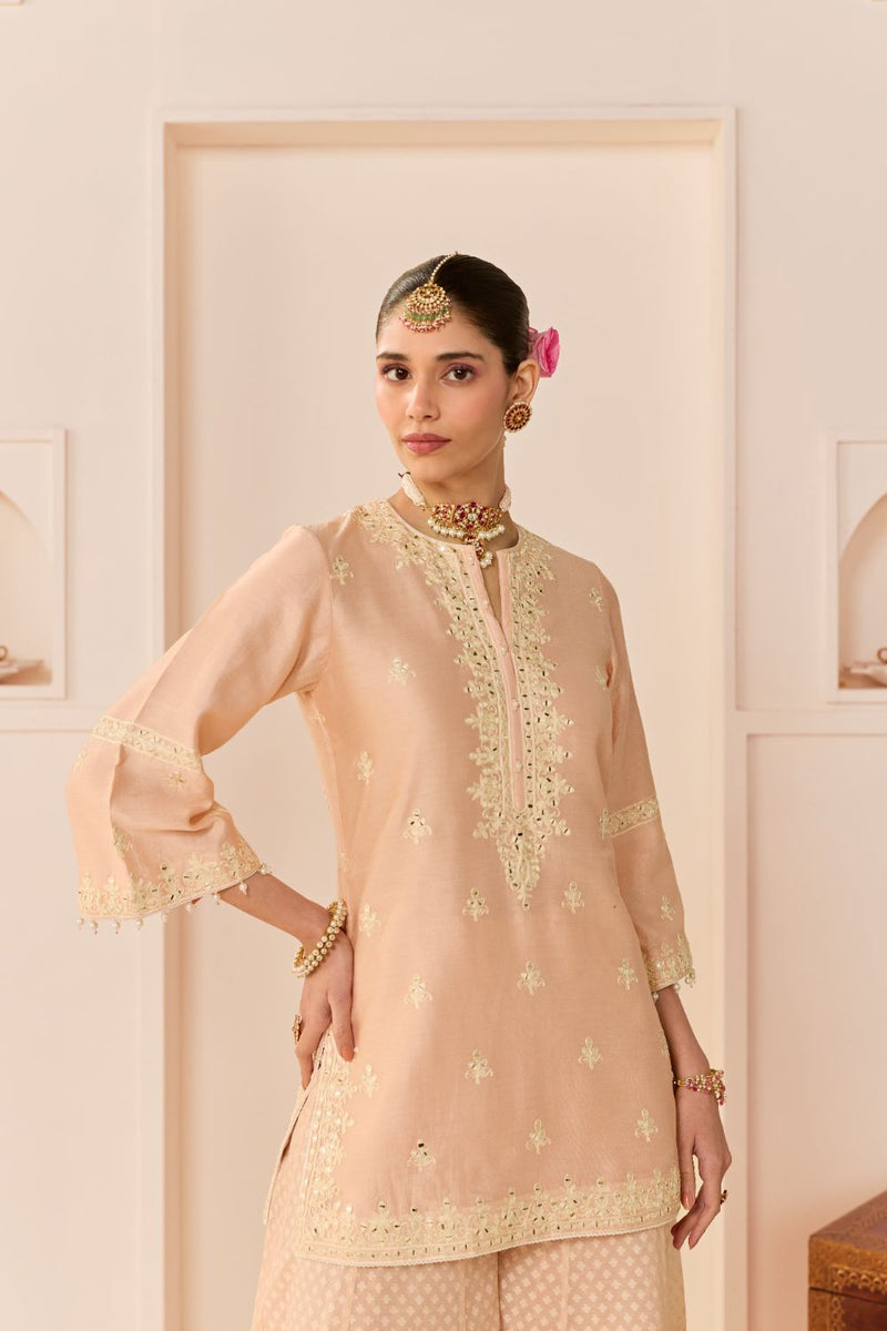 YASNEEN - CARNATION PINK SHORT KURTA WITH GARARA AND DUPATTA chanderi silk kurta/kurta set by SHEETAL BATRA in carnation pink with daisy ivory for women in Singapore