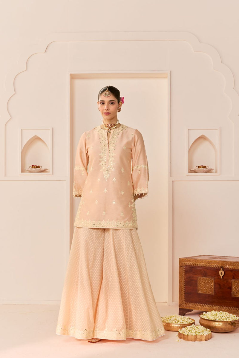 REHMA - CARNATION PINK SHORT KURTA WITH SHARARA AND DUPATTA chanderi silk kurta/kurta set by SHEETAL BATRA in carnation pink with daisy ivory for women in Singapore