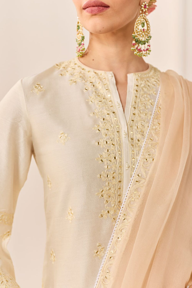 REHMA -DAISY IVORY SHORT KURTA WITH SHARARA AND DUPATTA chanderi silk kurta/kurta set by SHEETAL BATRA in daisy ivory with carnation pink for women in Singapore